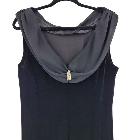 Vntage Black Velour Stretch Gown Sz 18 Scoop Back Jeweled Pleated Slit Cocktail - Picture 7 of 11